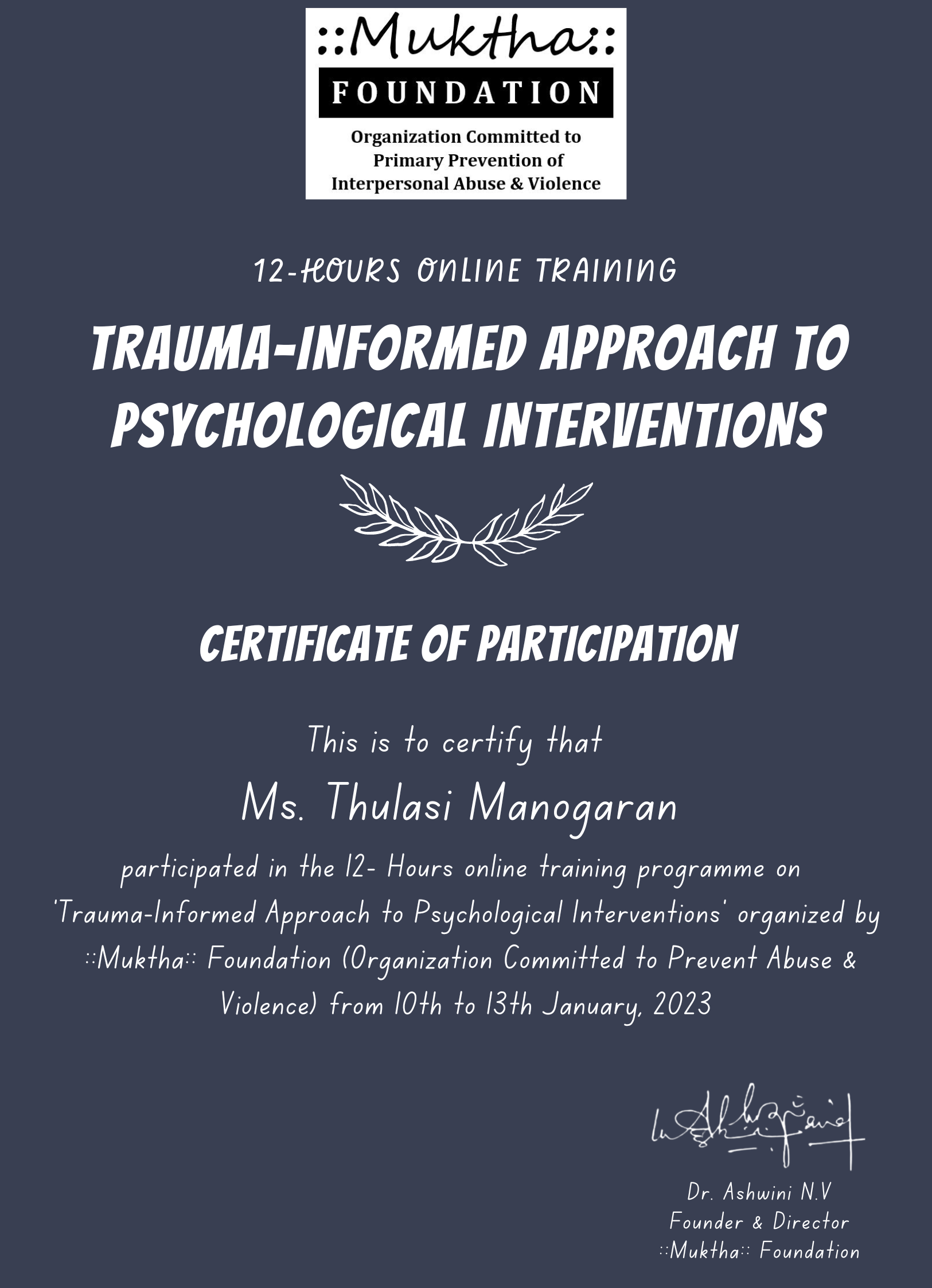 Certificate of participation in Trauma informed Care